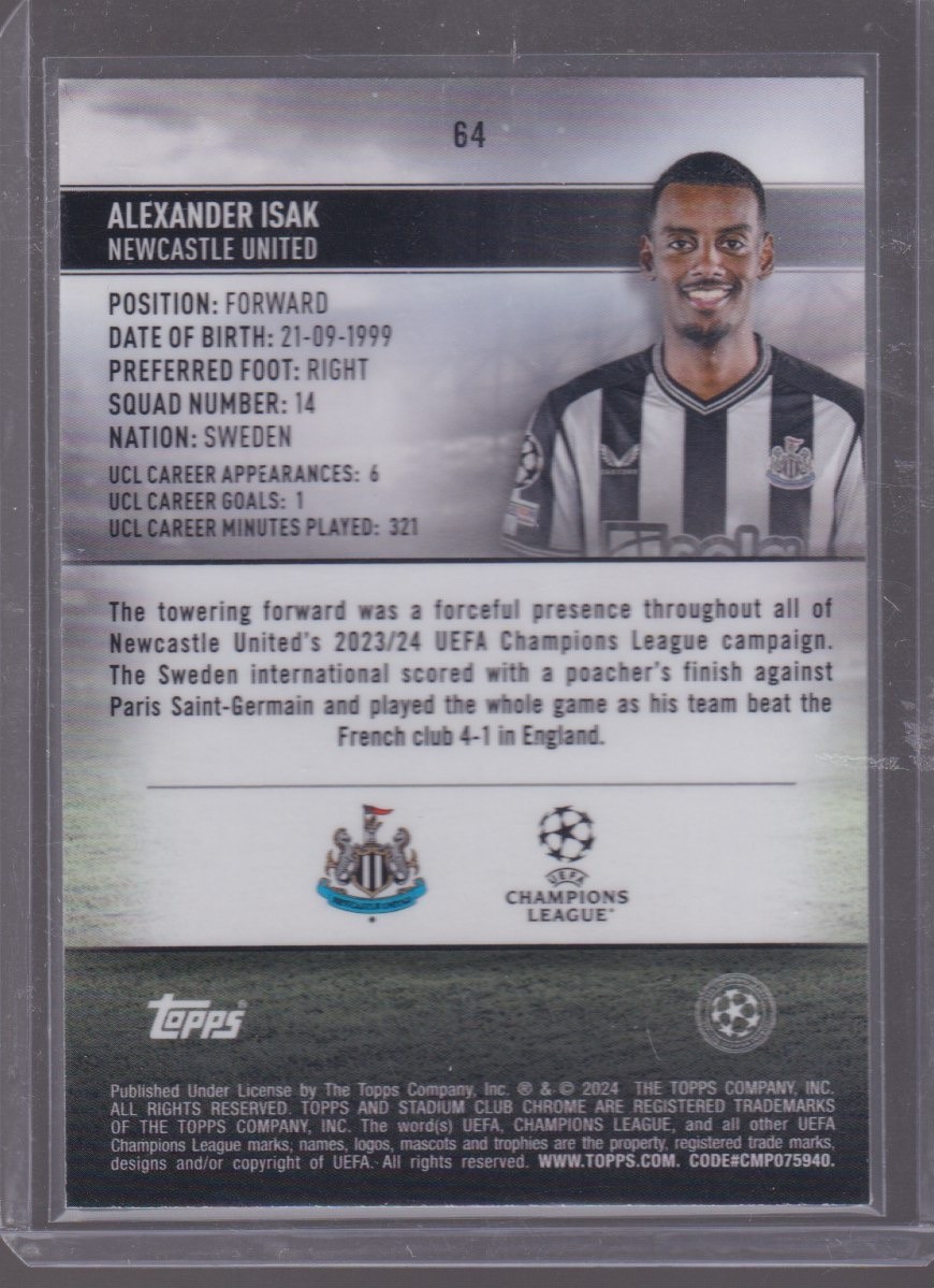 2024 TOPPS STADIUM CLUB CHROME ALEXANDER ISAK 139/175 ROYAL BLUE #64 - Image 2