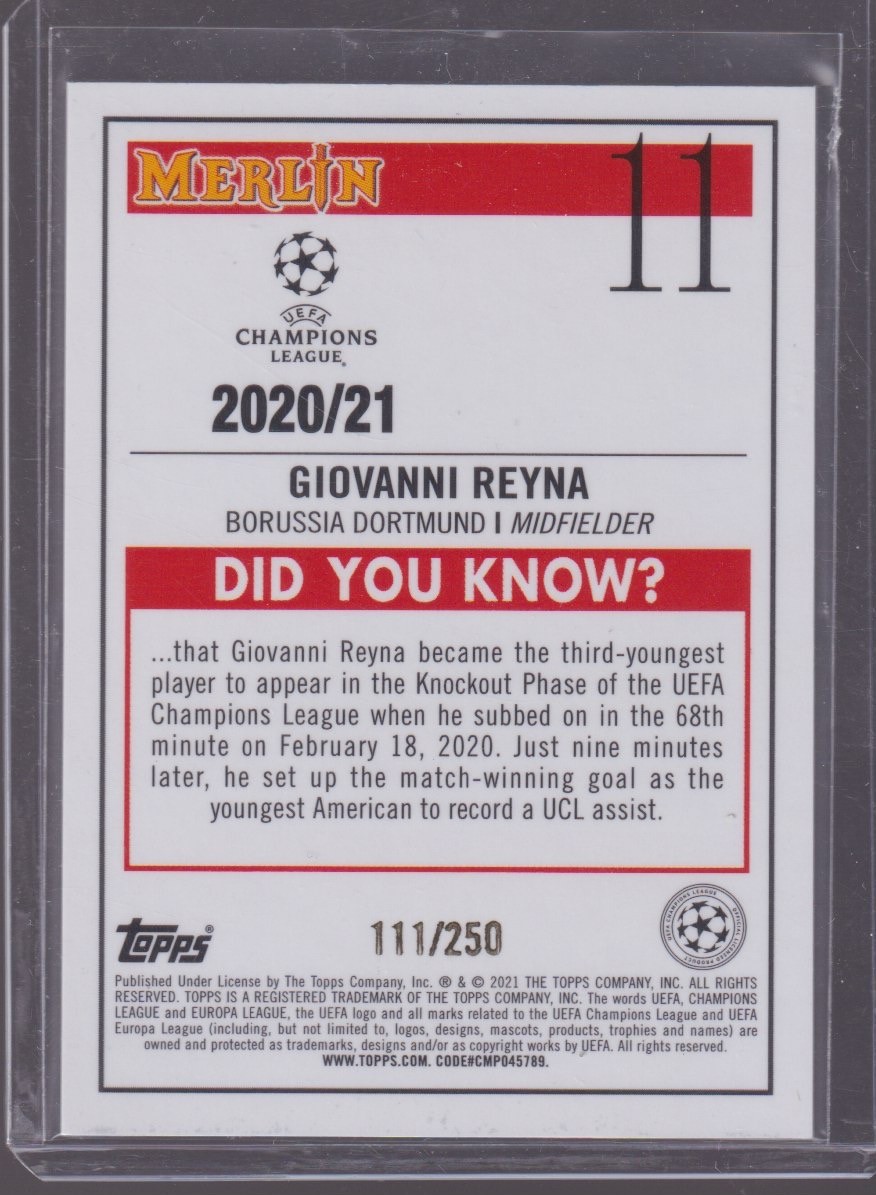 2021 TOPPS MERLIN CHROME GIOVANNI REYNA 111/250 ATOMIC #11 - Image 2