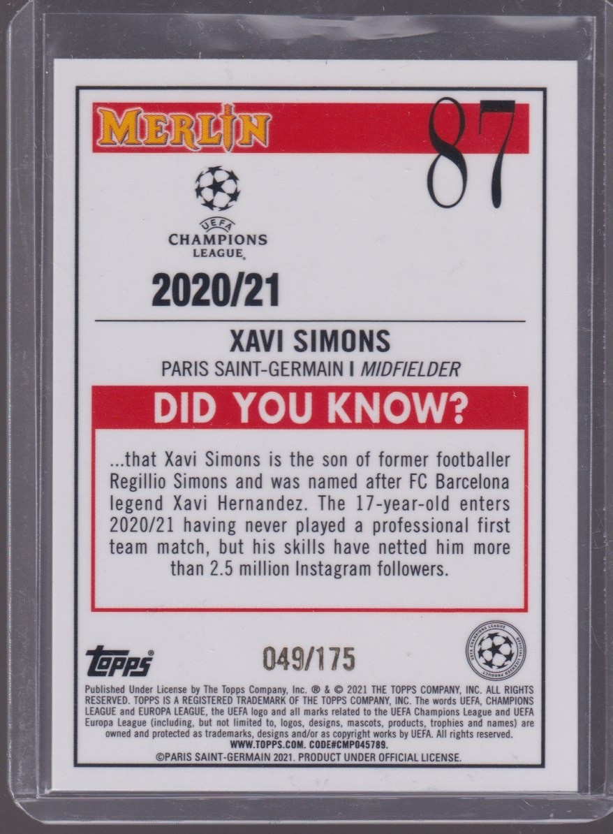 2021 TOPPS MERLIN CHROME XAVI SIMONS ROOKIE 049/175 AQUA SPECKLE #87 - Image 2