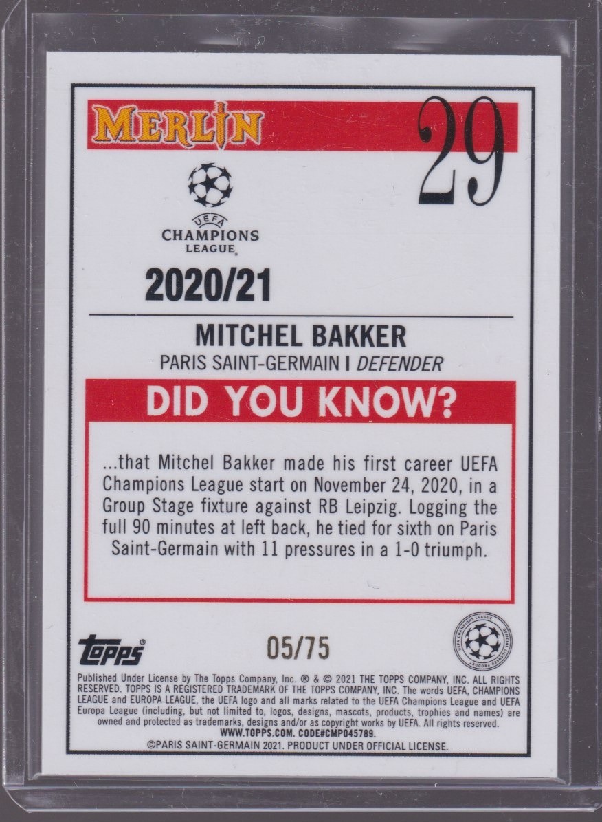 2021 TOPPS MERLIN CHROME MITCHEL BAKKER ROOKIE 05/75 BLUE SHIMMER #29 - Image 2