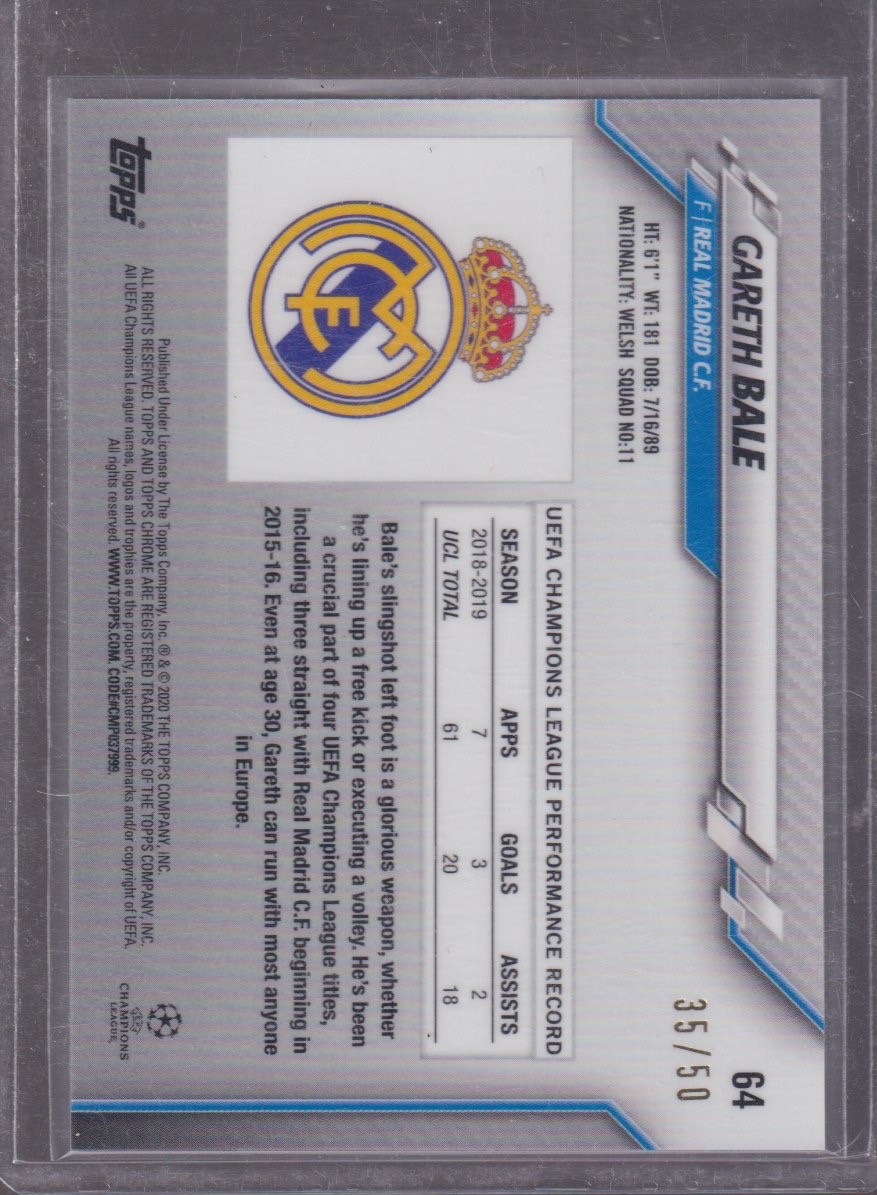 2020 TOPPS CHROME UCL GARETH BALE 35/50 GOLD CARBON #64 - Image 2