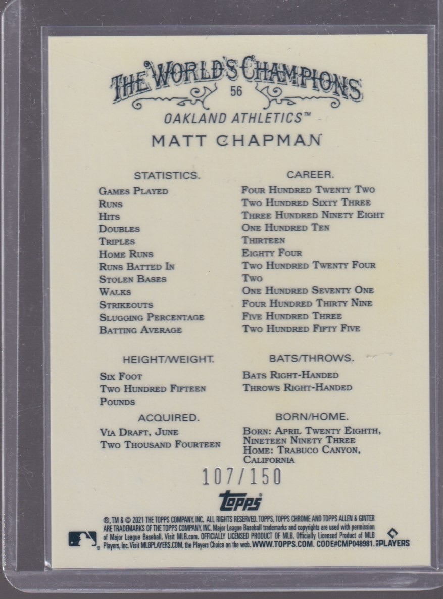2021 TOPPS CHROME ALLEN & GINTER MATT CHAPMAN 107/150 BLUE #56 - Image 2
