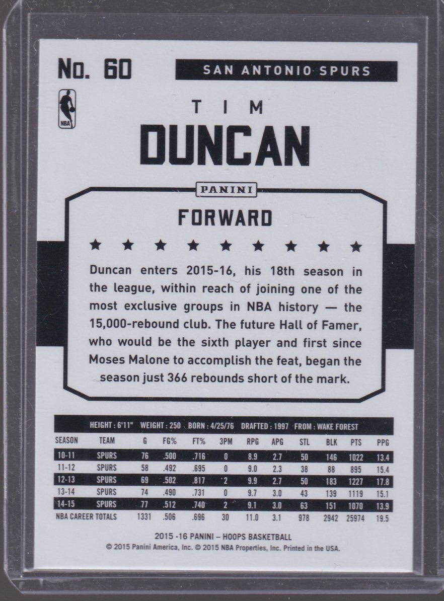 2015 PANINI NBA HOOPS TIM DUNCAN #60 - Image 2