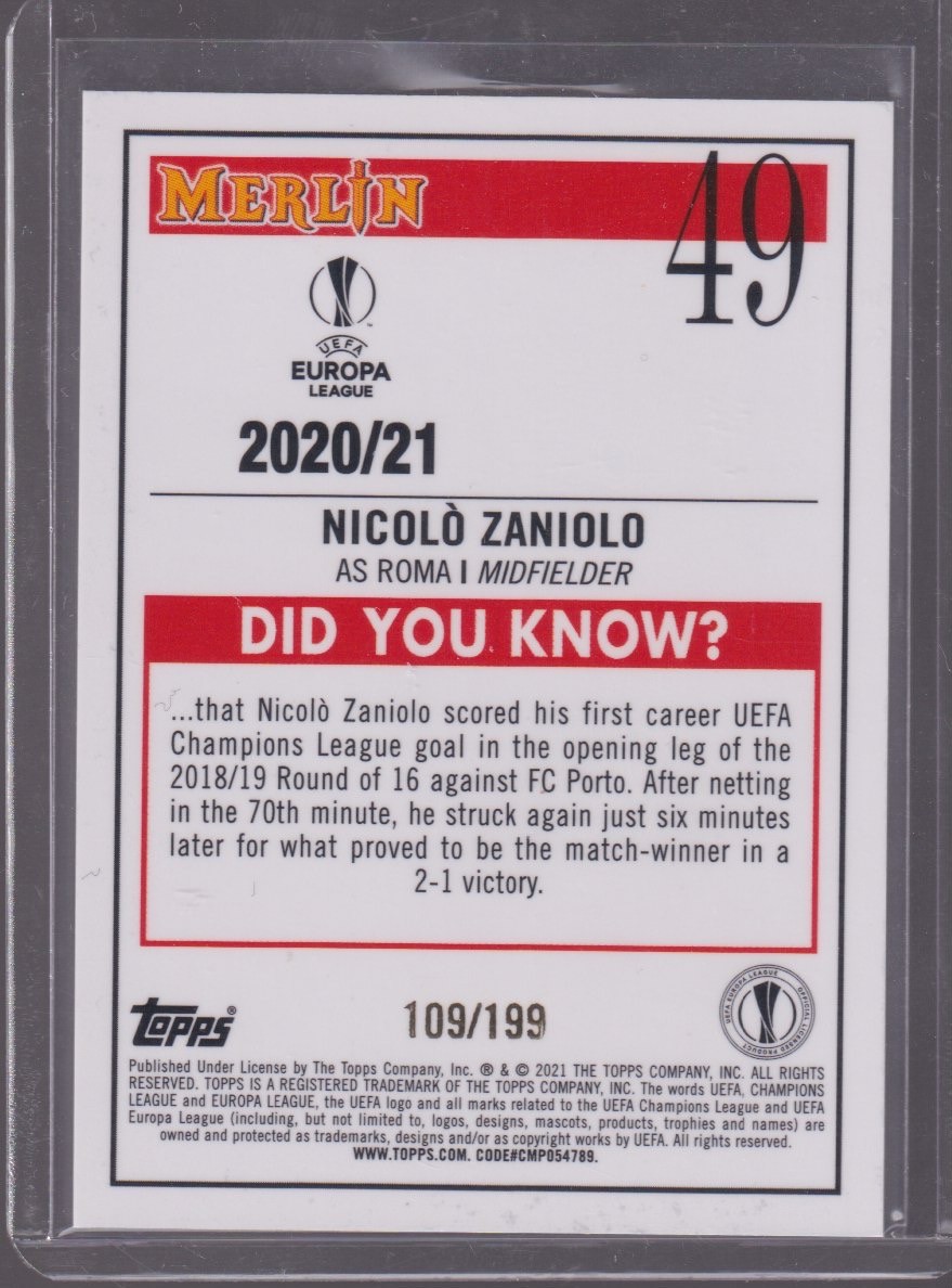 2021 TOPPS MERLIN CHROME NICOLO ZANIOLO 109/199 AQUA #49 - Image 2