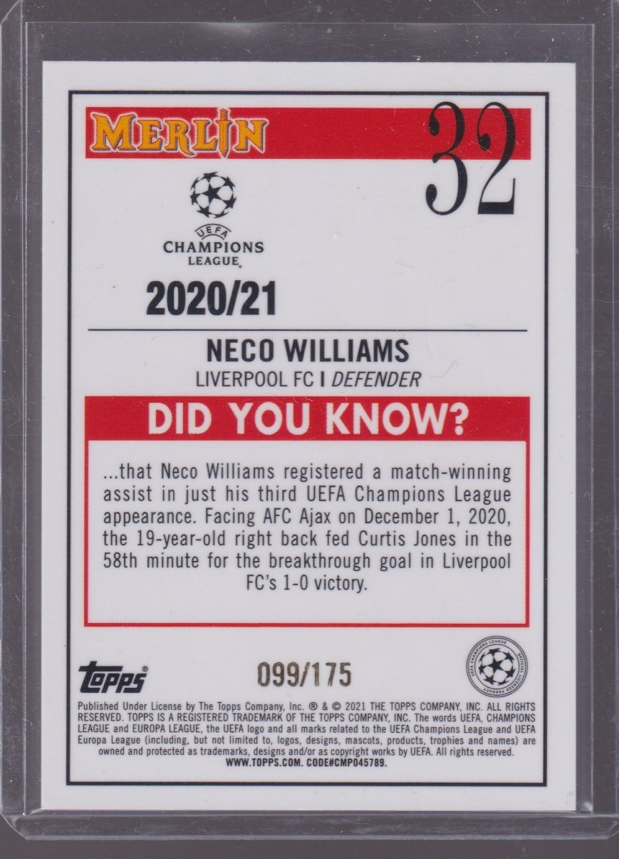 2021 TOPPS MERLIN CHROME NECO WILLIAMS ROOKIE 099/175 AQUA SPECKLE #32 - Image 2