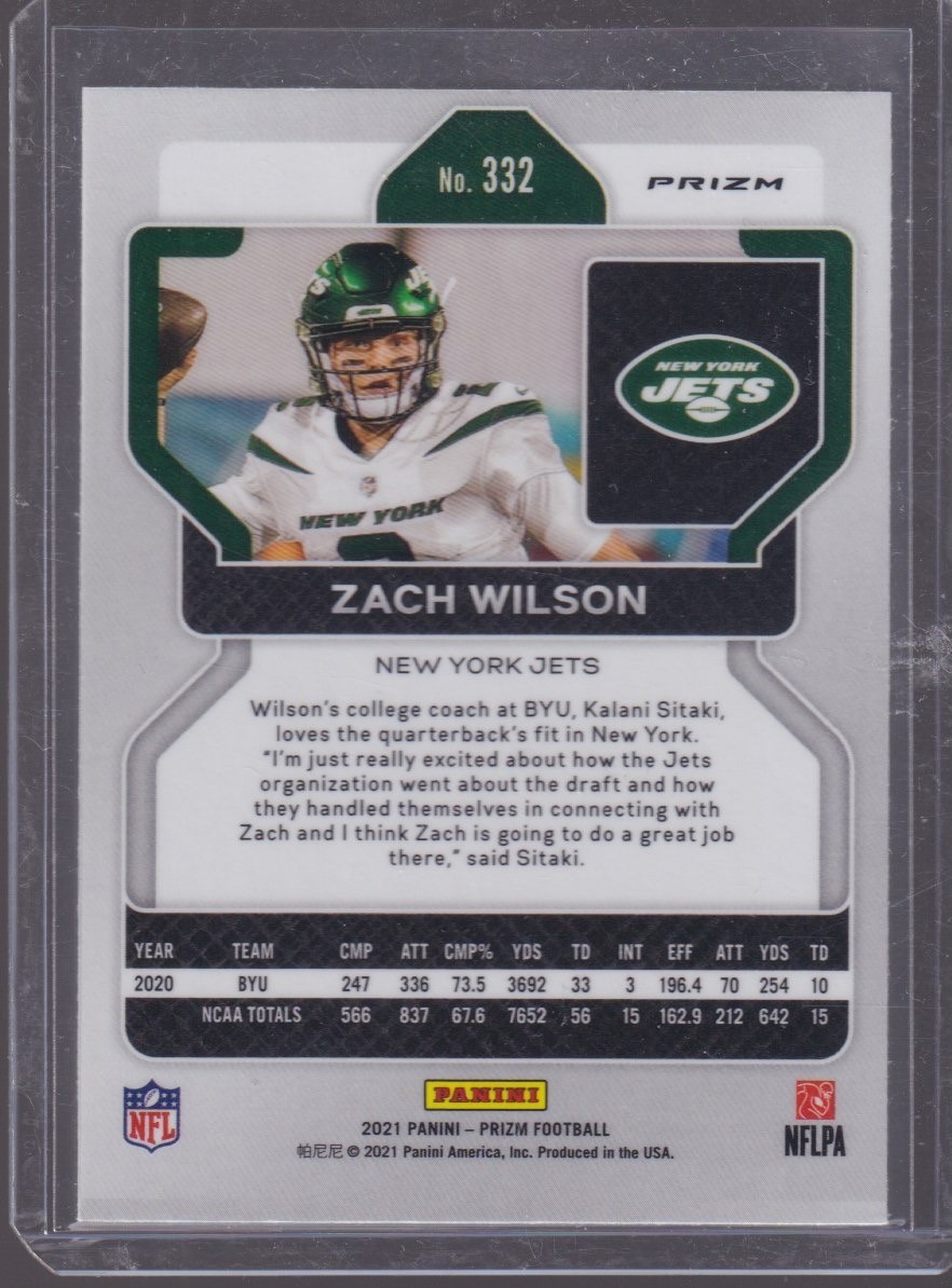2021 PANINI PRIZM ZACH WILSON ROOKIE LIGHT BLUE #332 - Image 2