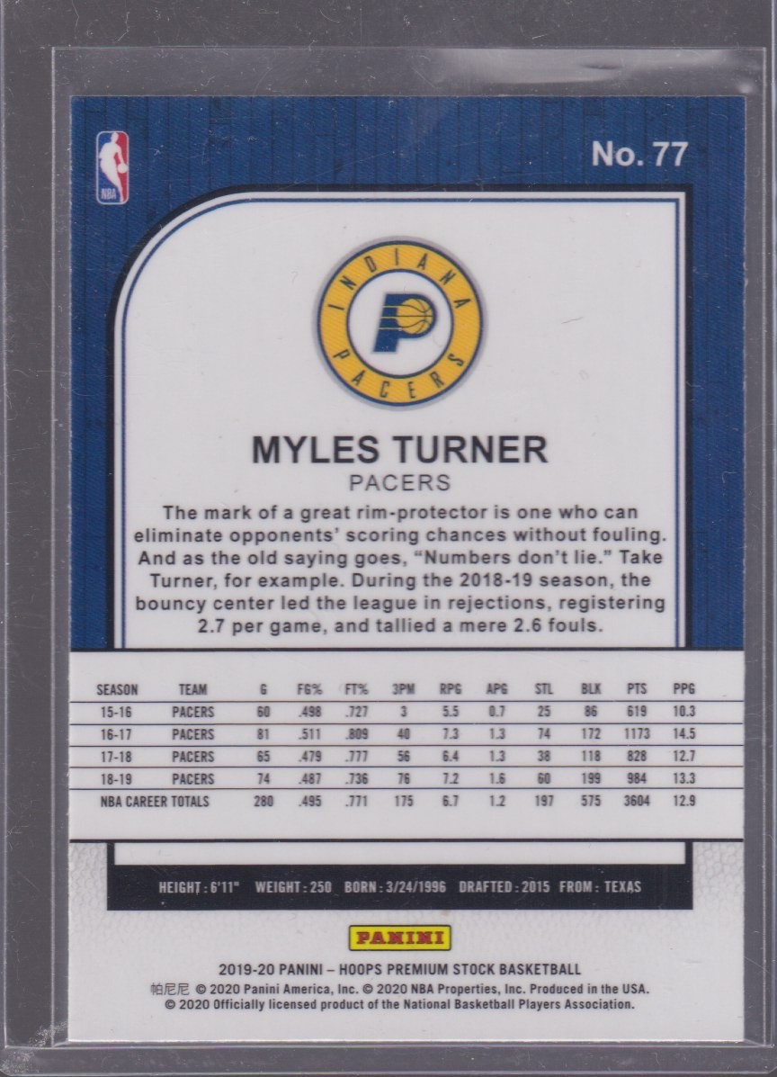 2020 PANINI HOOPS PREMIUM STOCK MYLES TURNER #77 - Image 2
