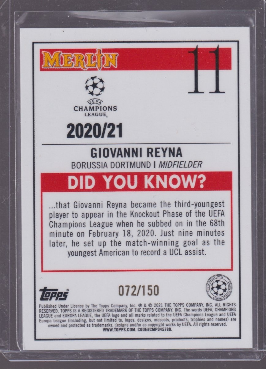 2021 TOPPS MERLIN CHROME GIOVANNI REYNA 072/150 SPECKLE #11 - Image 2