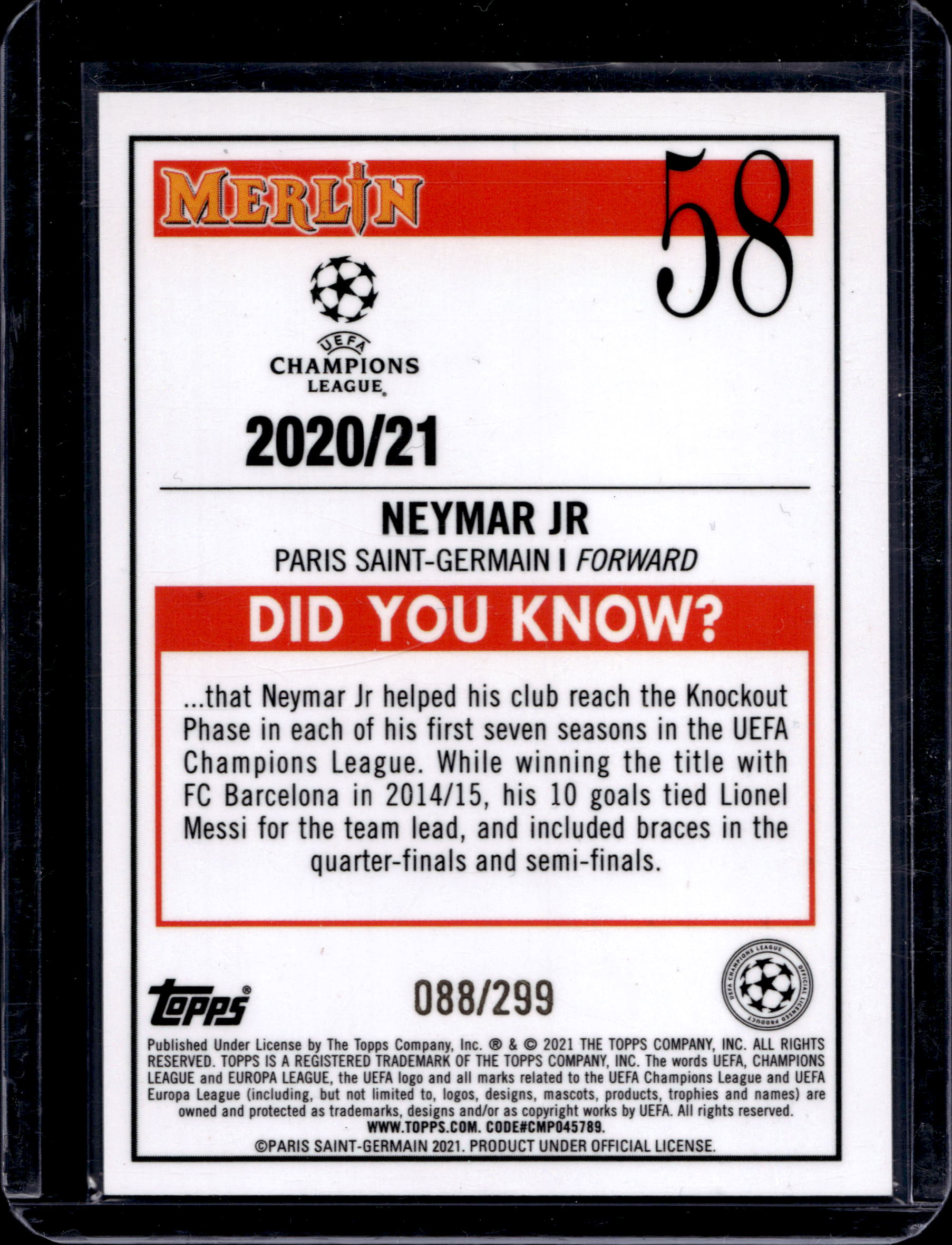 2021 TOPPS MERLIN CHROME NEYMAR JR 088/299 PURPLE #58 - Image 2