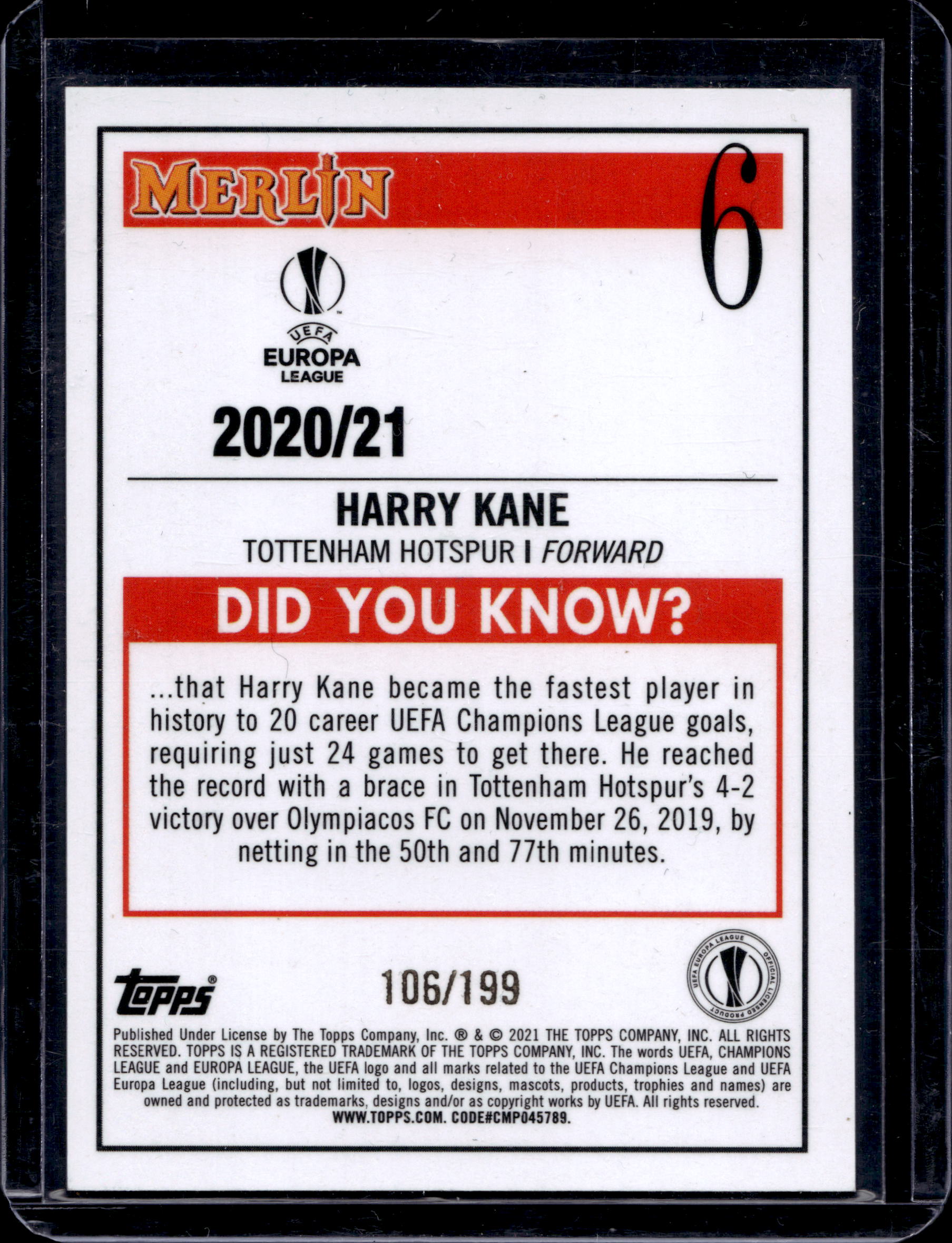 2021 TOPPS MERLIN CHROME HARRY KANE 106/199 AQUA #6 - Image 2