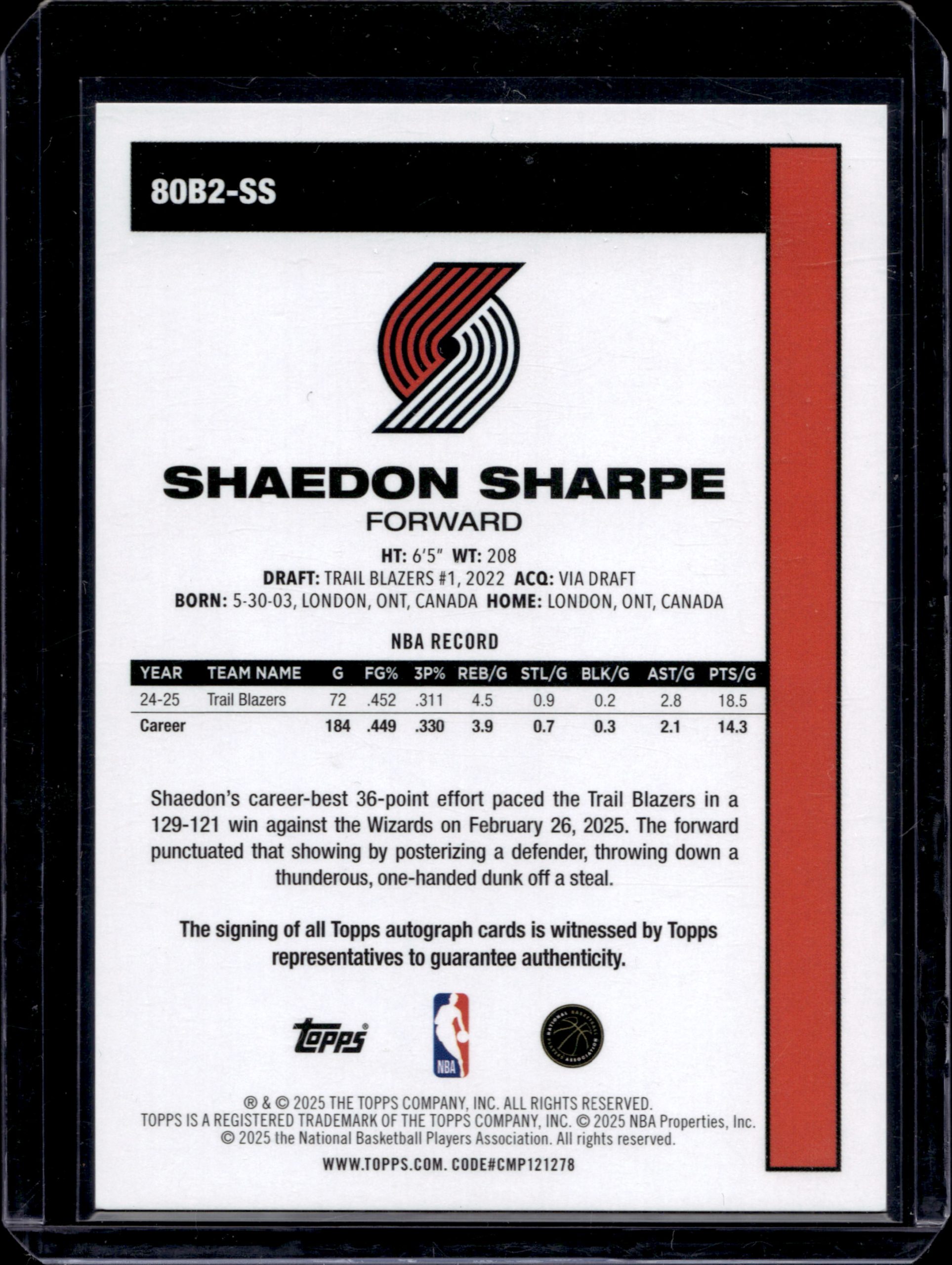 2025 TOPPS NBA FLAGSHIP SHAEDON SHARPE 05/10 BLACK AUTOGRAPH #80B2-SS - Image 2