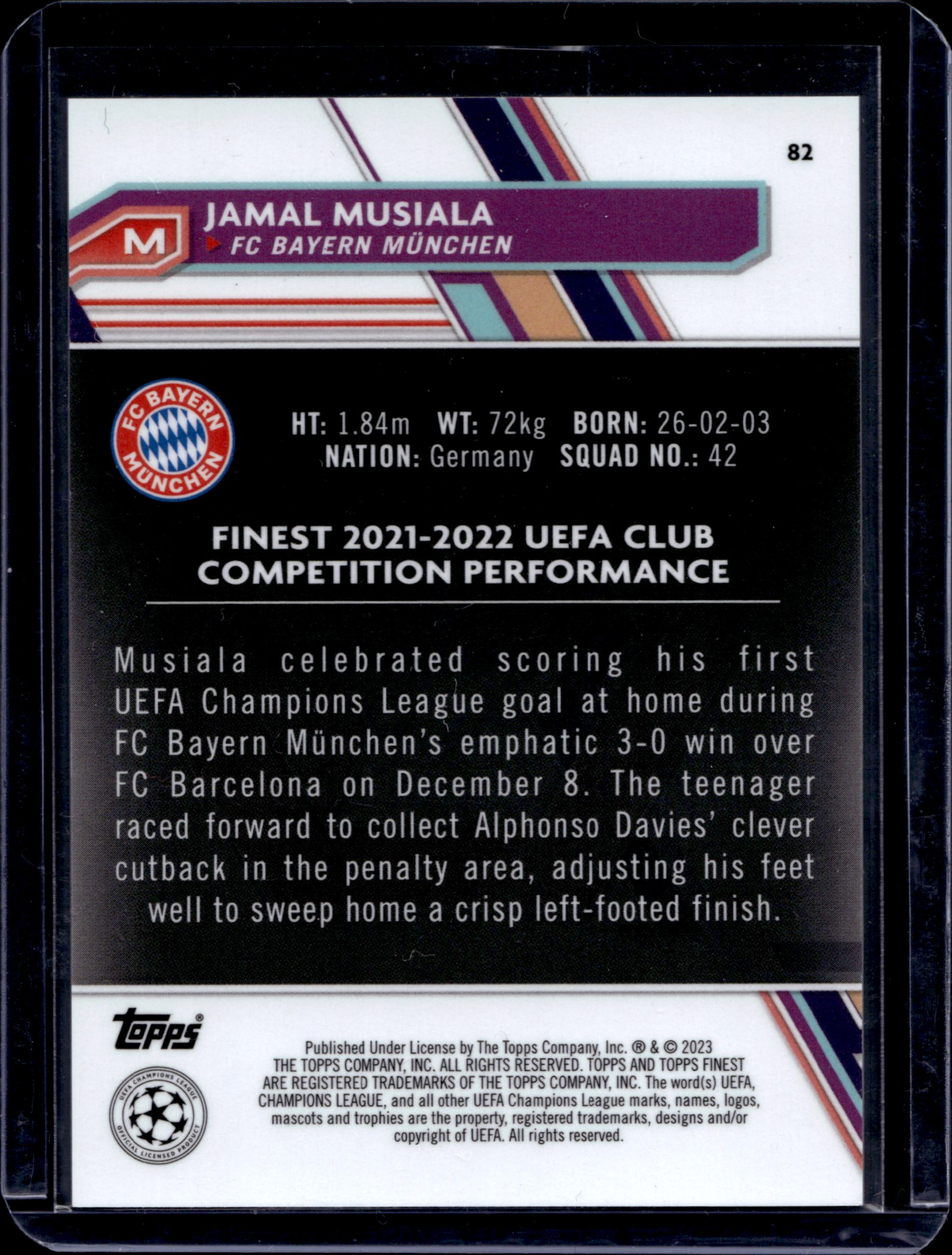 2023 TOPPS FINEST JAMAL MUSIALA 90/99 GREEN LAVA #82 - Image 2